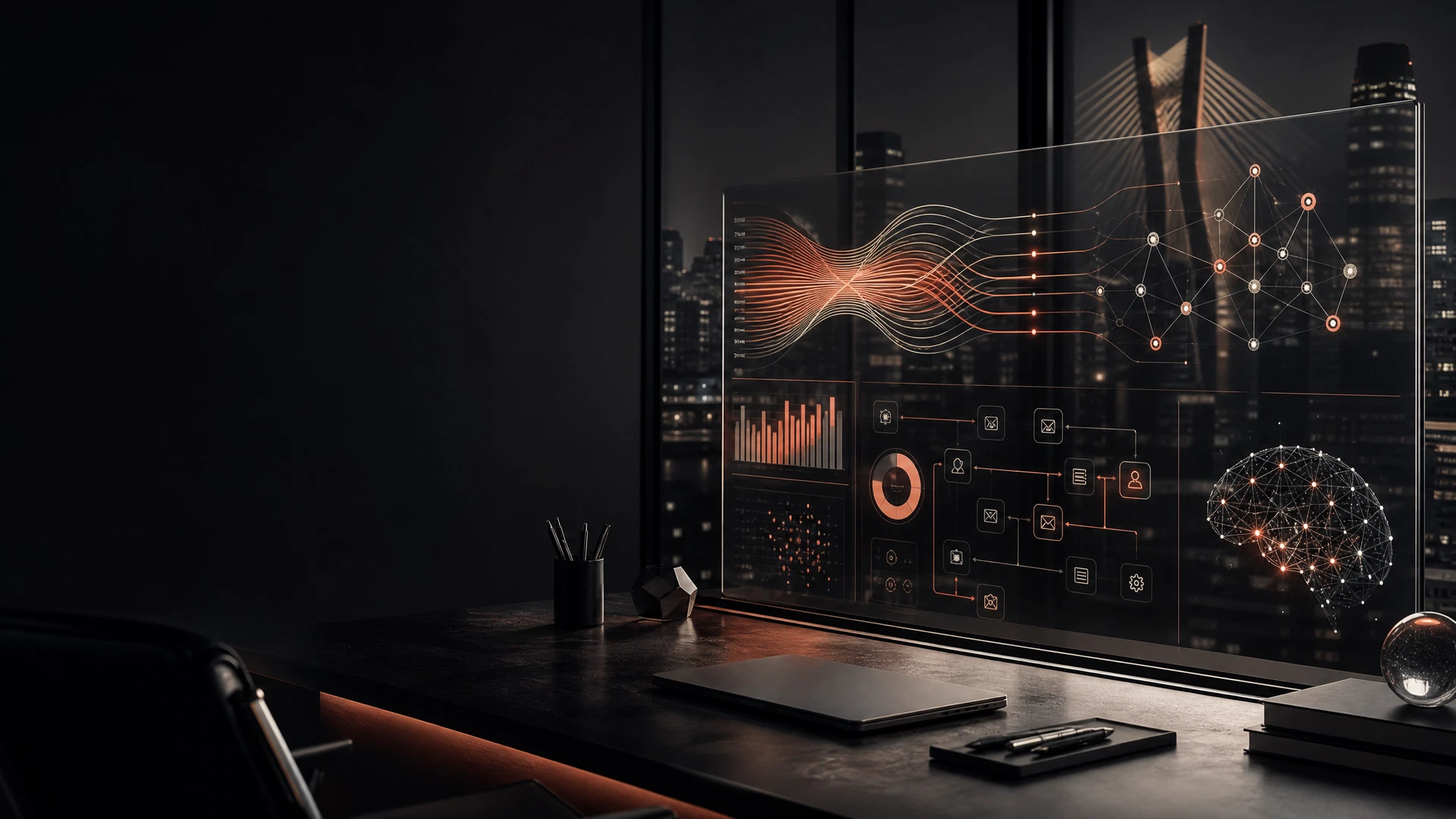 Dashboard escuro de inteligência de dados com fluxos de CRM, automação e inteligência artificial